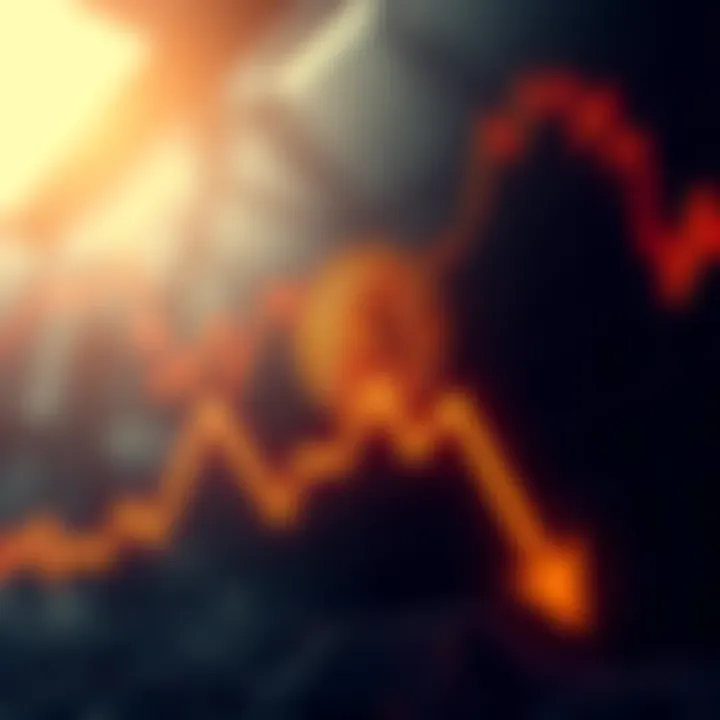 A graphic showing Bitcoin's price decline with downward arrows and a gloomy market background.