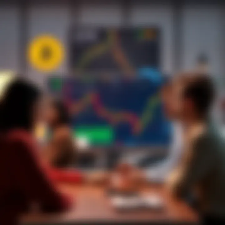 A group of diverse people discussing in front of a computer showing Bitcoin market data.