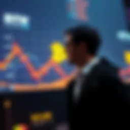 Bitcoin Market Sentiment A graphic showing a downward trend in Bitcoin prices with a cautious investor looking on, symbolizing low bullish sentiment.