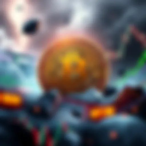 A digital representation of Bitcoin stuck at $68,000 amidst a cloudy market sentiment with alternative coins struggling.