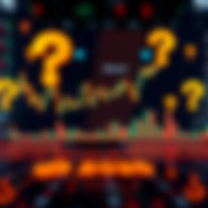 Bitcoin market trends A graphic showing fluctuating Bitcoin price charts with downward and upward trends, surrounded by question marks to illustrate uncertainty in predictions.