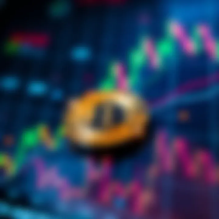 A close-up of a Bitcoin coin on a digital chart background showing market trends and fluctuations.