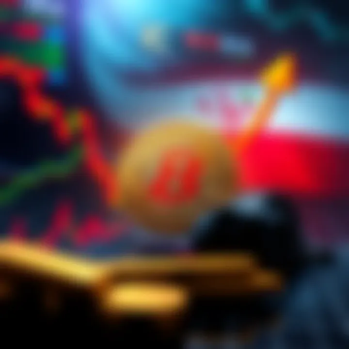 Bitcoin symbol with arrows showing upward trend against falling gold and stock graphs