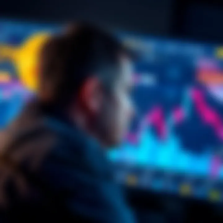 A person looking at a declining Bitcoin chart on a digital screen, showcasing concern in the crypto market.