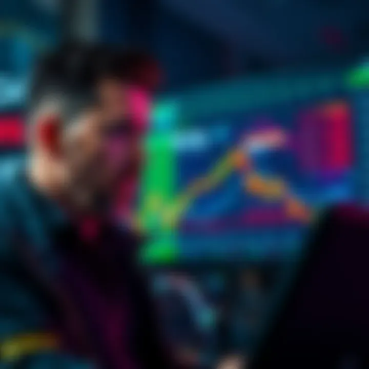 A trader looking worriedly at a Bitcoin price chart showing a downward trend, indicating potential losses ahead.