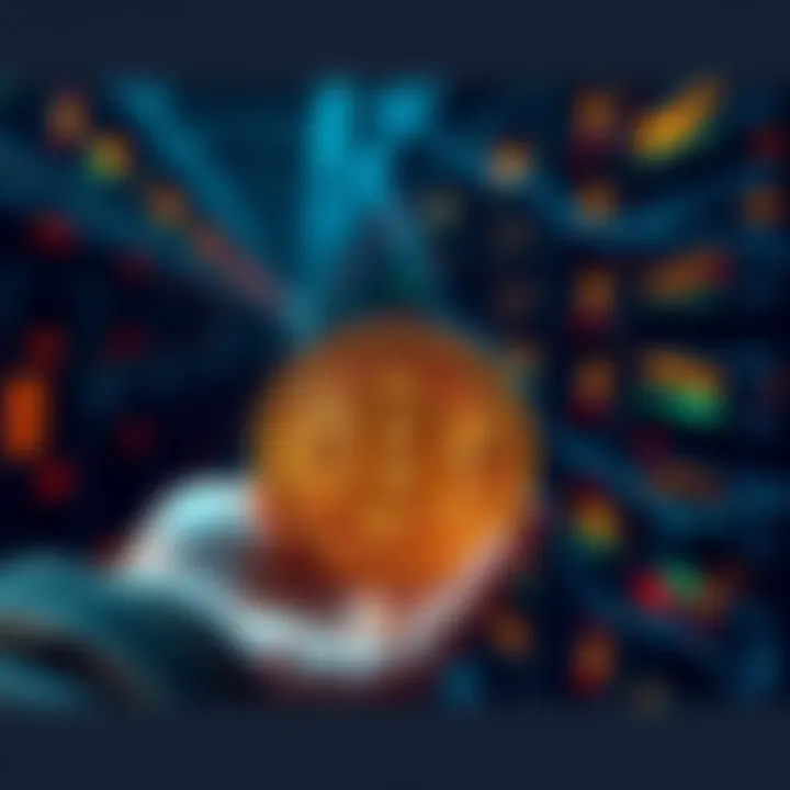 A person holding a golden Bitcoin coin with a digital backdrop representing cryptocurrency mining