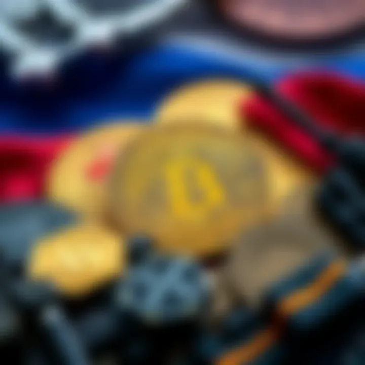 A representation showing Bitcoin symbols and military icons, suggesting Russia's potential use of cryptocurrency in the Ukraine conflict.