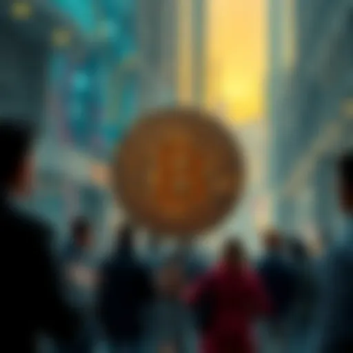 A digital representation of Bitcoin symbolizing its value at one million dollars, with people discussing investment choices in the background.
