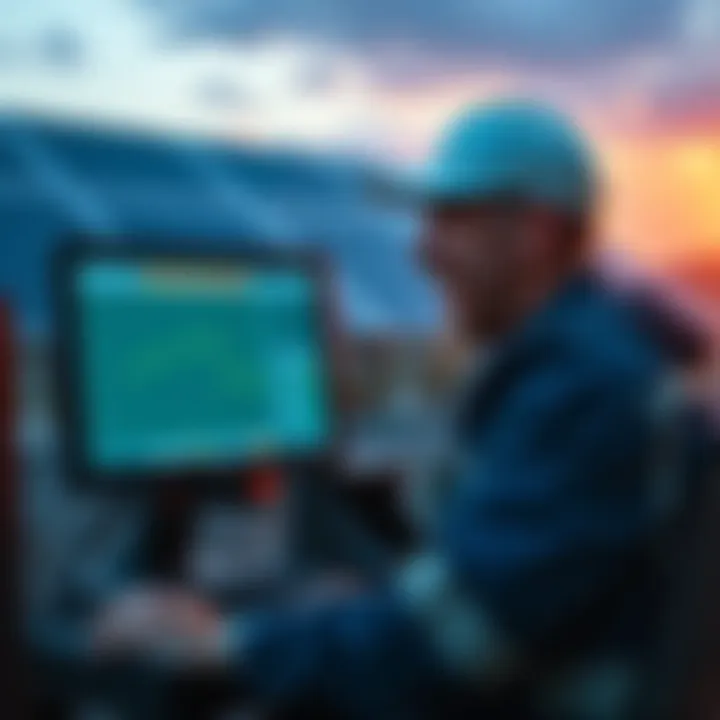 A Bitcoin miner looks excitedly at a computer screen displaying a successful block find, with solar panels in the background.