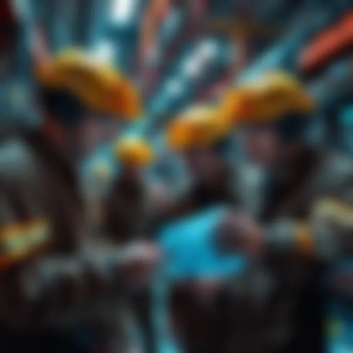 Bitcoin miners working with credit solution Group of Bitcoin miners analyzing data and discussing a new credit solution for resource management