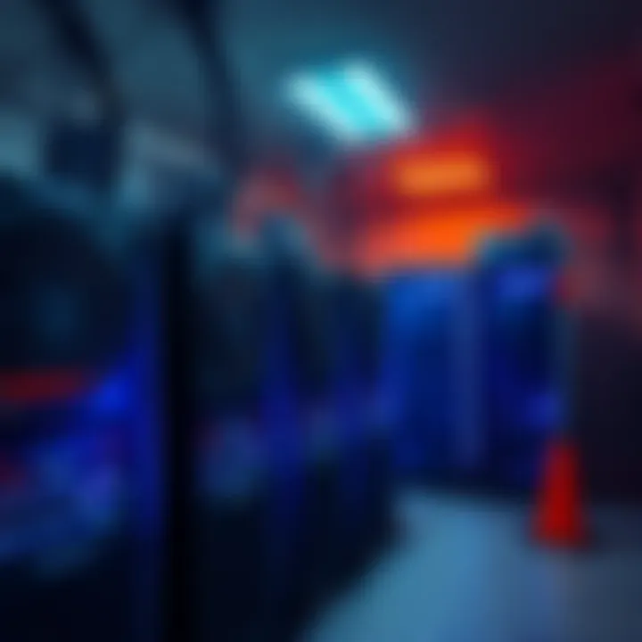 Group of Bitcoin mining rigs in a dimly lit room, showing a decline in activity due to severe weather.