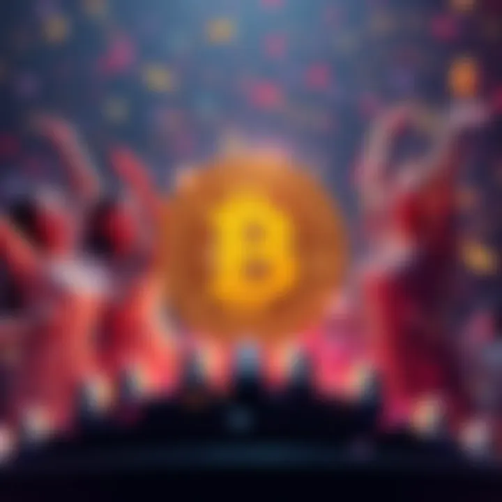 A graphic depicting a Bitcoin symbol with women celebrating around it, symbolizing women's contributions to Bitcoin's growth.