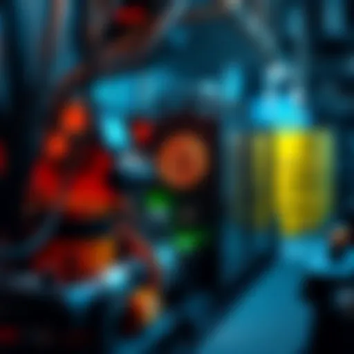 A Bitcoin mining rig powered by oil energy, showcasing equipment and oil barrels in the background