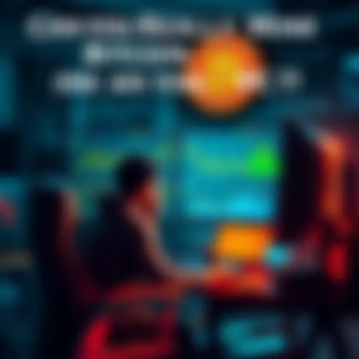 A person sitting at a desk mining Bitcoin on their personal computer, with charts and graphs displayed on the screen.