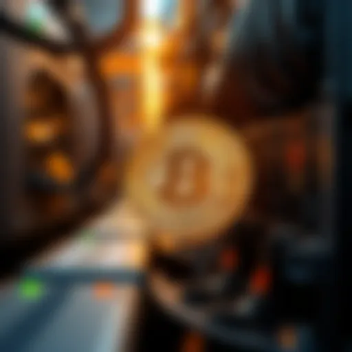 A graphic showing Bitcoin mining hardware and the process of mining with transaction fees highlighted.