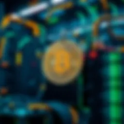 A visual representation of Bitcoin mining, showing a digital coin and a mining rig with diminishing rewards over time.