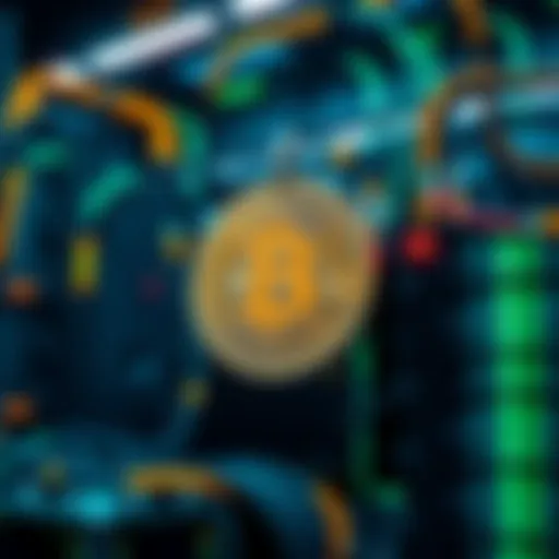 A visual representation of Bitcoin mining, showing a digital coin and a mining rig with diminishing rewards over time.