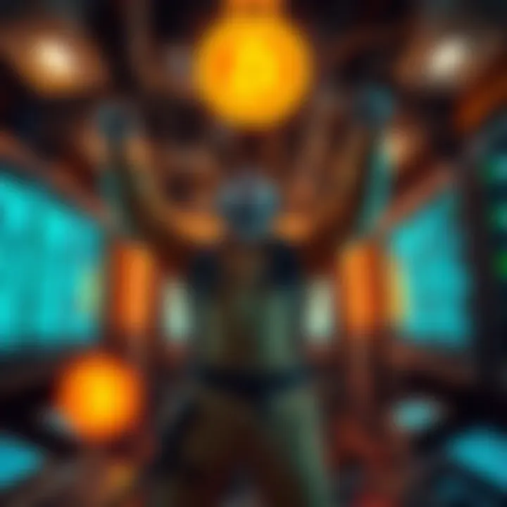 A miner celebrating after finding the first Bitcoin block, surrounded by mining equipment and glowing screens showing Bitcoin data.