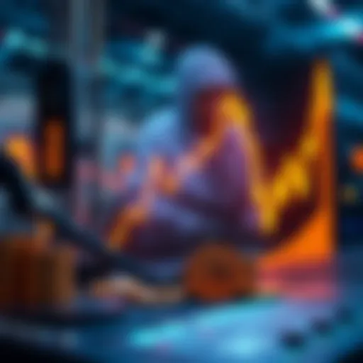 A graphic showing Bitcoin miners working with digital coins and a rising graph of transaction fees.