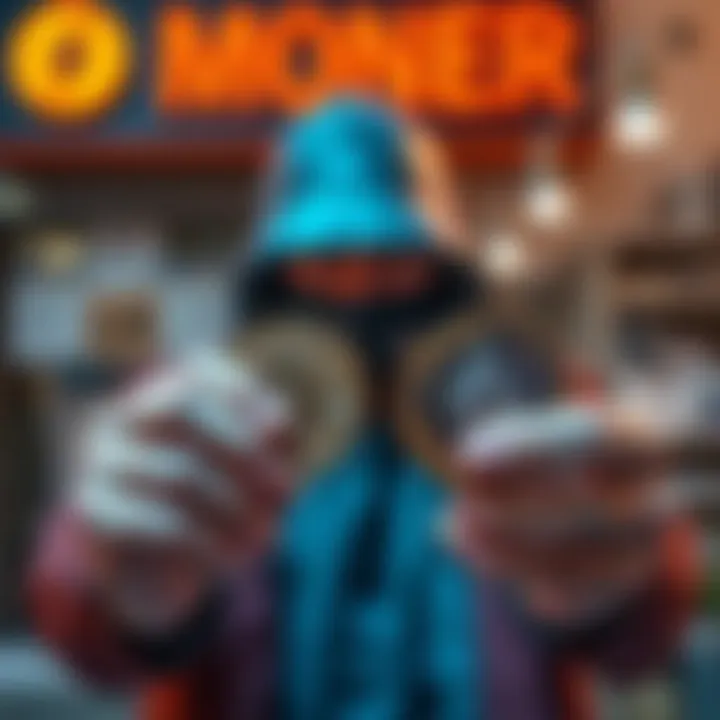 A person holding Bitcoin and Monero coins with an over-the-counter dealer's sign in the background