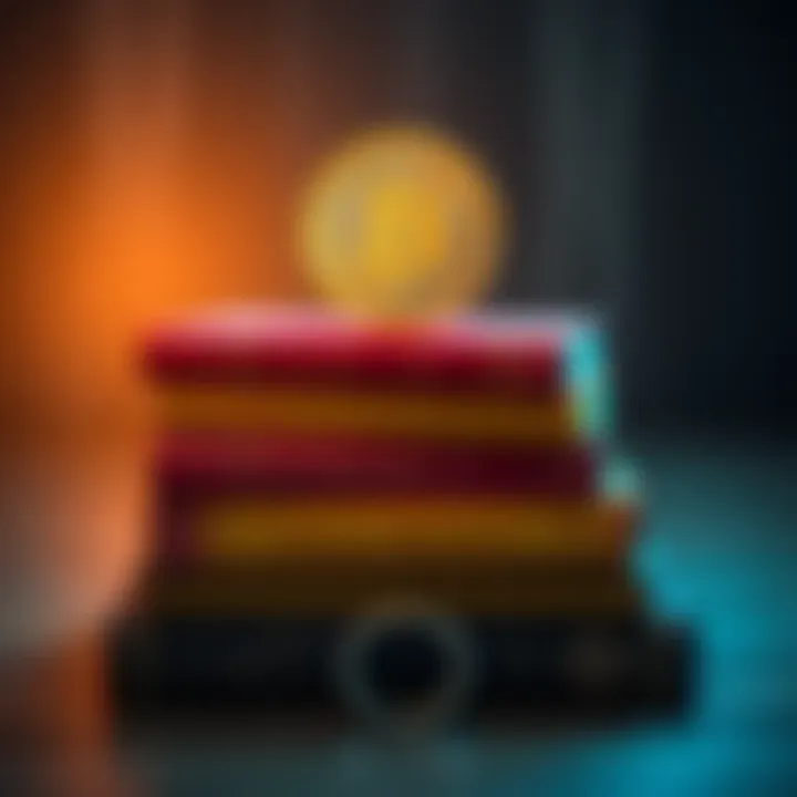 A stack of four books about Bitcoin and finance with a dollar sign