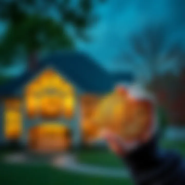Bitcoin Mortgage Concept Homebuyer holding Bitcoin with a house in the background representing a mortgage option.