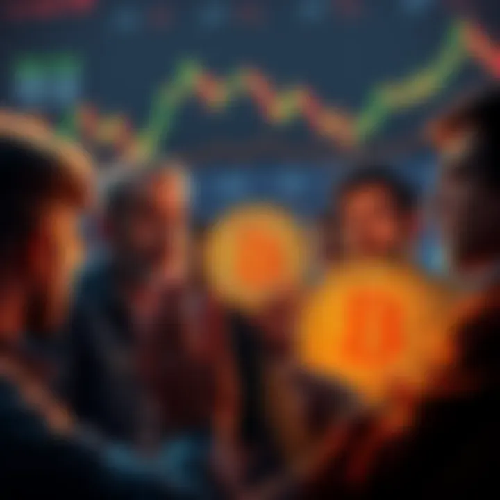 A group of people discussing Bitcoin with concerned expressions, reflecting negativity on forums, as market charts show a decline in value.