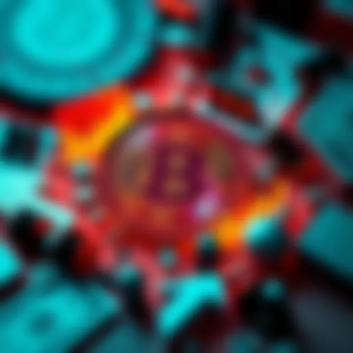 A retro-themed Bitcoin logo surrounded by 80s financial symbols like stock charts and dollar bills