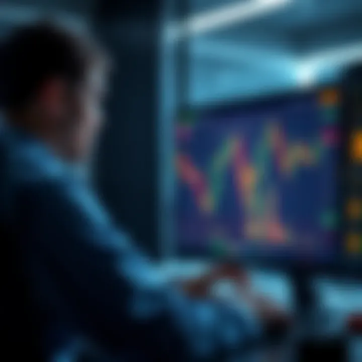 A person looking at charts and data on a computer screen, searching for historical Bitcoin candle data.