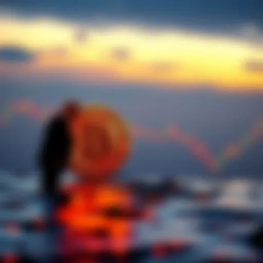 Representation of Bitcoin and oil prices changing with a backdrop of the Hormuz Strait and a silhouette of President Trump