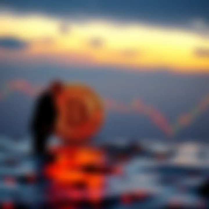 Representation of Bitcoin and oil prices changing with a backdrop of the Hormuz Strait and a silhouette of President Trump