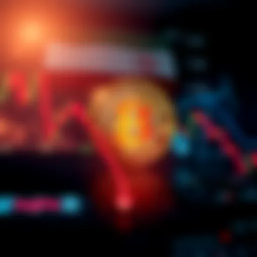 A graphic showing the Bitcoin symbol with downward arrows and oil prices affected by geopolitical tensions.
