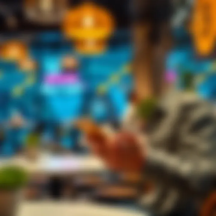 A person making a payment with Bitcoin on a mobile app in a cafe setting