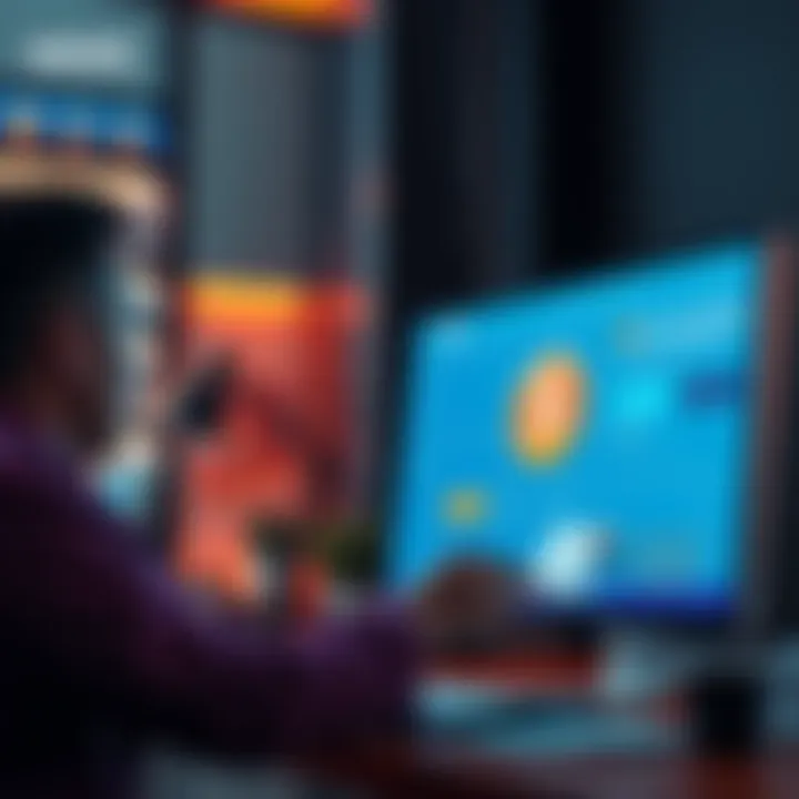 Bitcoin Payment Integration A business owner setting up Bitcoin as a payment option on a website with a computer and a Bitcoin logo visible.