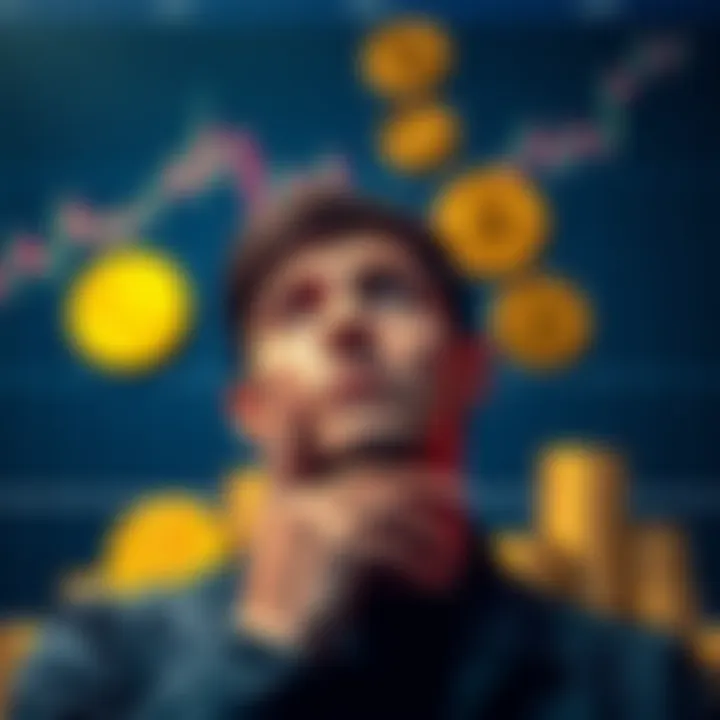 A person contemplating whether to keep or sell Bitcoin, with charts and coins in the background