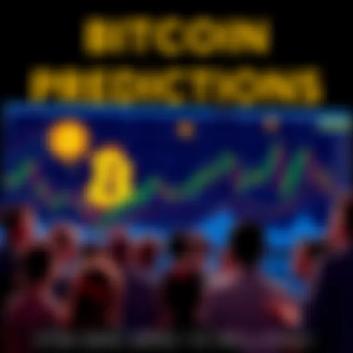 A graphic showing dramatic Bitcoin price charts with people discussing market trends, some looking worried and others excited about future prices.