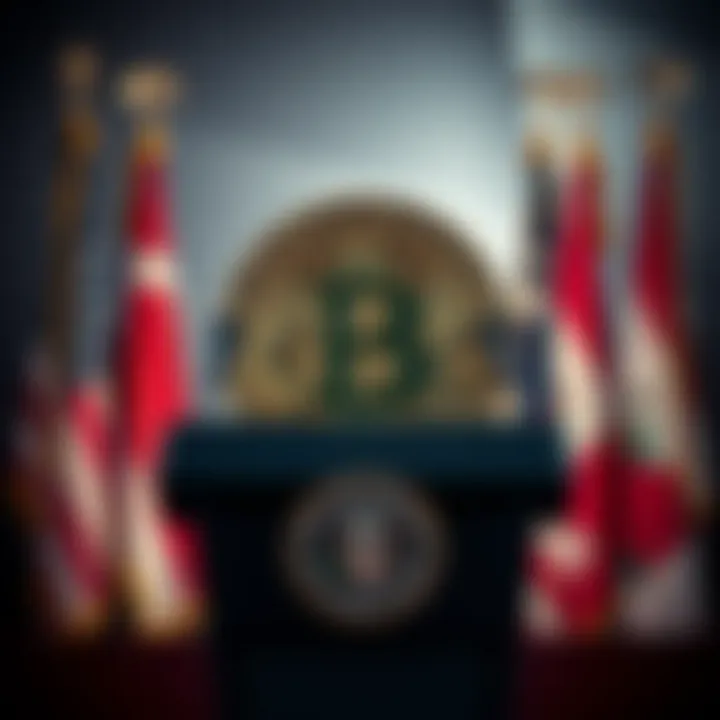 A Bitcoin symbol is shown against a backdrop of a presidential podium and flags, representing the influence of cryptocurrency in politics.
