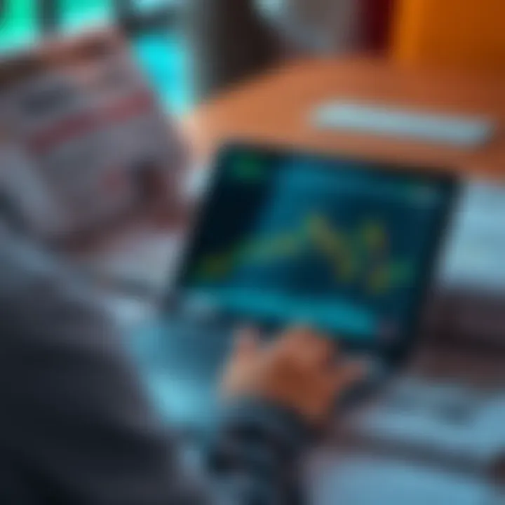 A person looking at a Bitcoin price chart on a laptop, showing fluctuations and trends, surrounded by financial news articles.