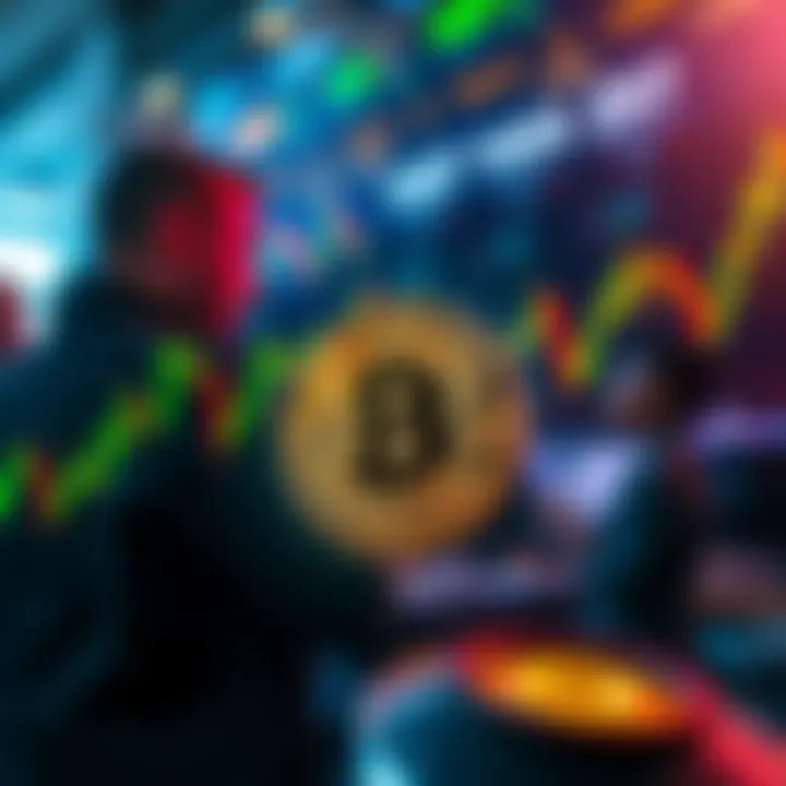 A close-up view of a Bitcoin price chart showing fluctuations in value, with buyers discussing market trends in the background.