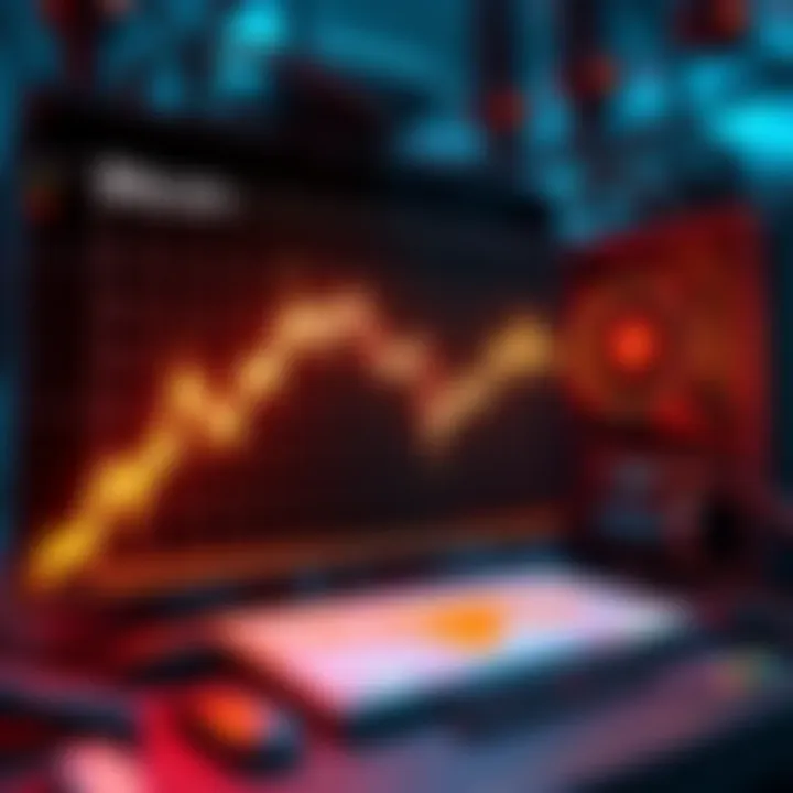 A chart showing a downward trend in Bitcoin prices alongside a mining rig setup with graphics cards.
