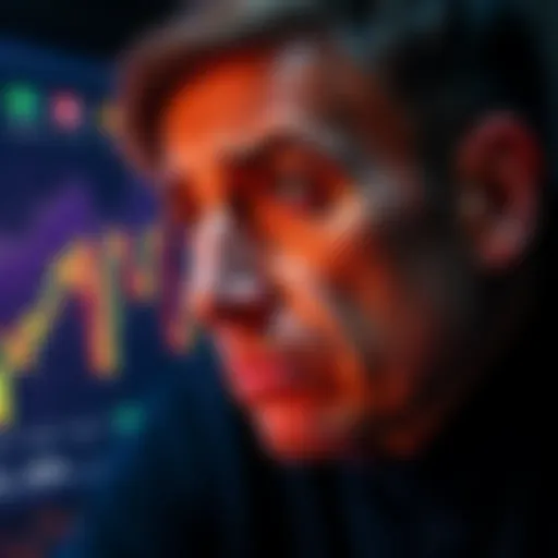 A worried investor looking at a downward trending Bitcoin graph with a concerned expression.