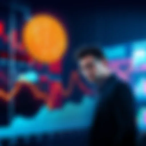 A downward trend graph showing Bitcoin's value dropping over the past 30 days, with a worried investor analyzing the market.