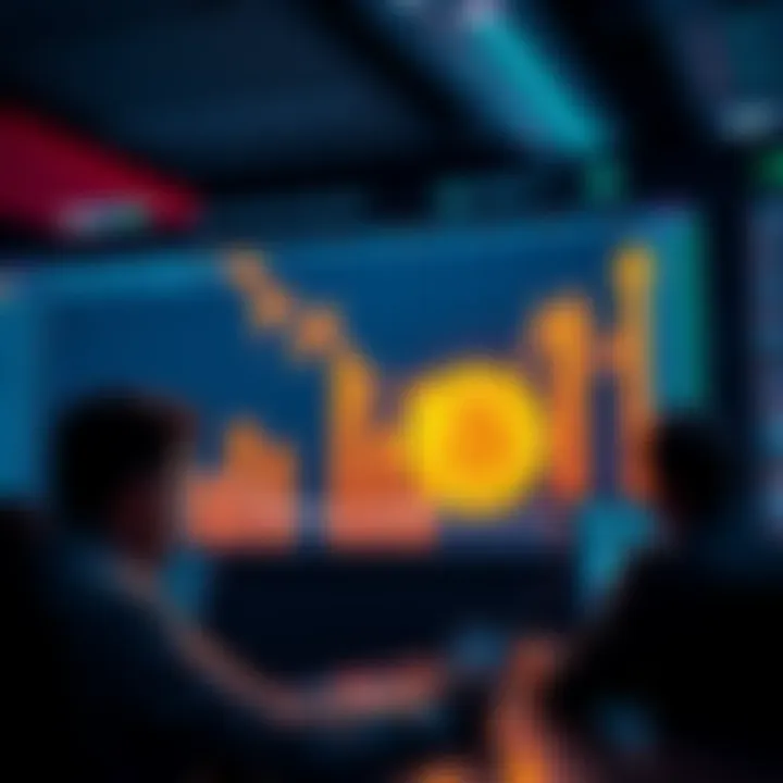 Bitcoin Price Decline A graph showing the decline of Bitcoin prices with downward arrows and worried investors looking at screens.