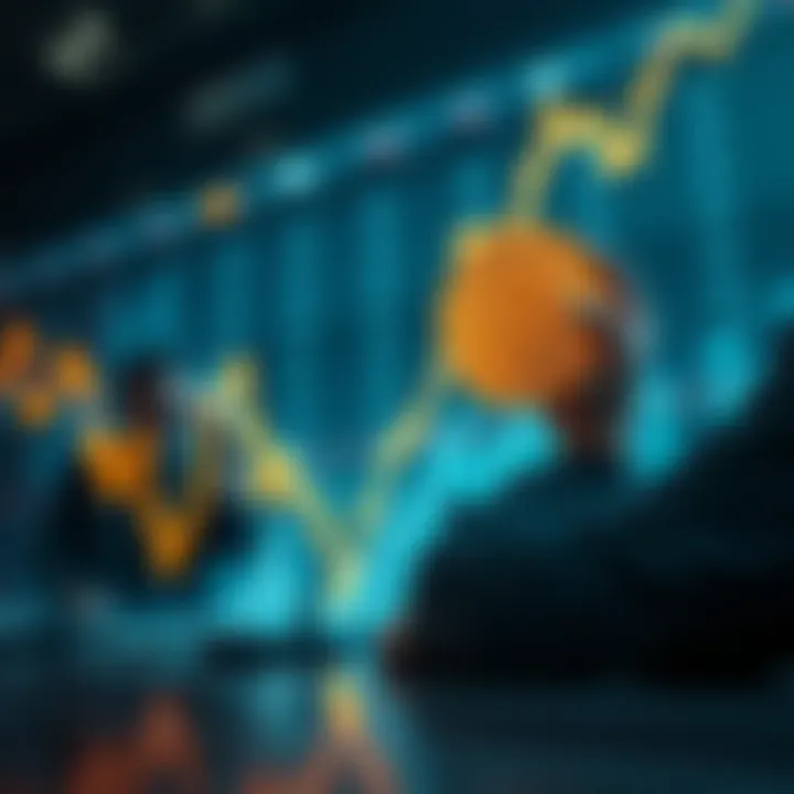 Graph showing Bitcoin prices dropping with worried investors in the background