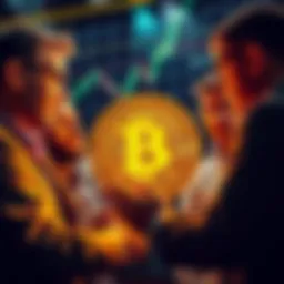 Group of experts analyzing Bitcoin price trends and discussing market predictions, with a chart in the background showing price fluctuations.