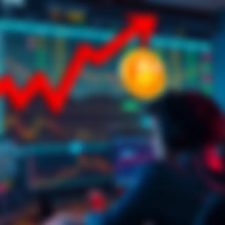 Graph showing a declining trend in Bitcoin prices with a red downward arrow and worried investors looking at their screens