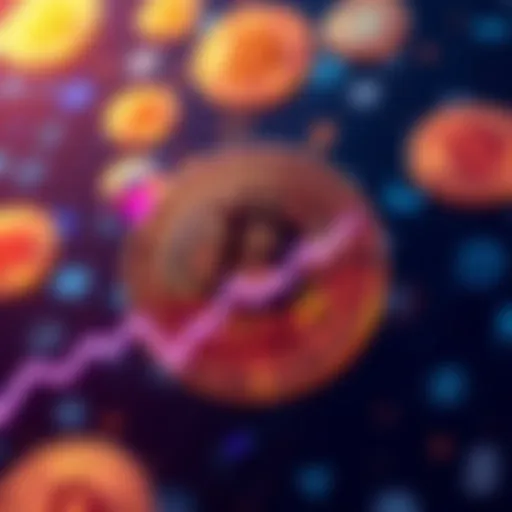 Graphic showing Bitcoin logo with a downward trend line and a background of digital currency symbols