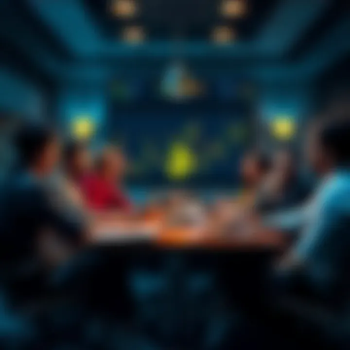 A group of people discussing Bitcoin price drop and reinvestment strategies at a table with charts and laptops