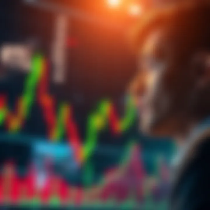 Bitcoin Price Fluctuation A chart showing Bitcoin price fluctuations with green and red candlesticks, indicating volatility. A person looks at the chart thoughtfully, symbolizing patience in investment decisions.