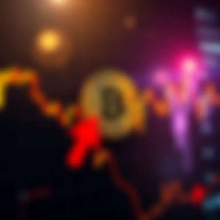 Graph showing Bitcoin's price with arrows indicating possible rise or fall